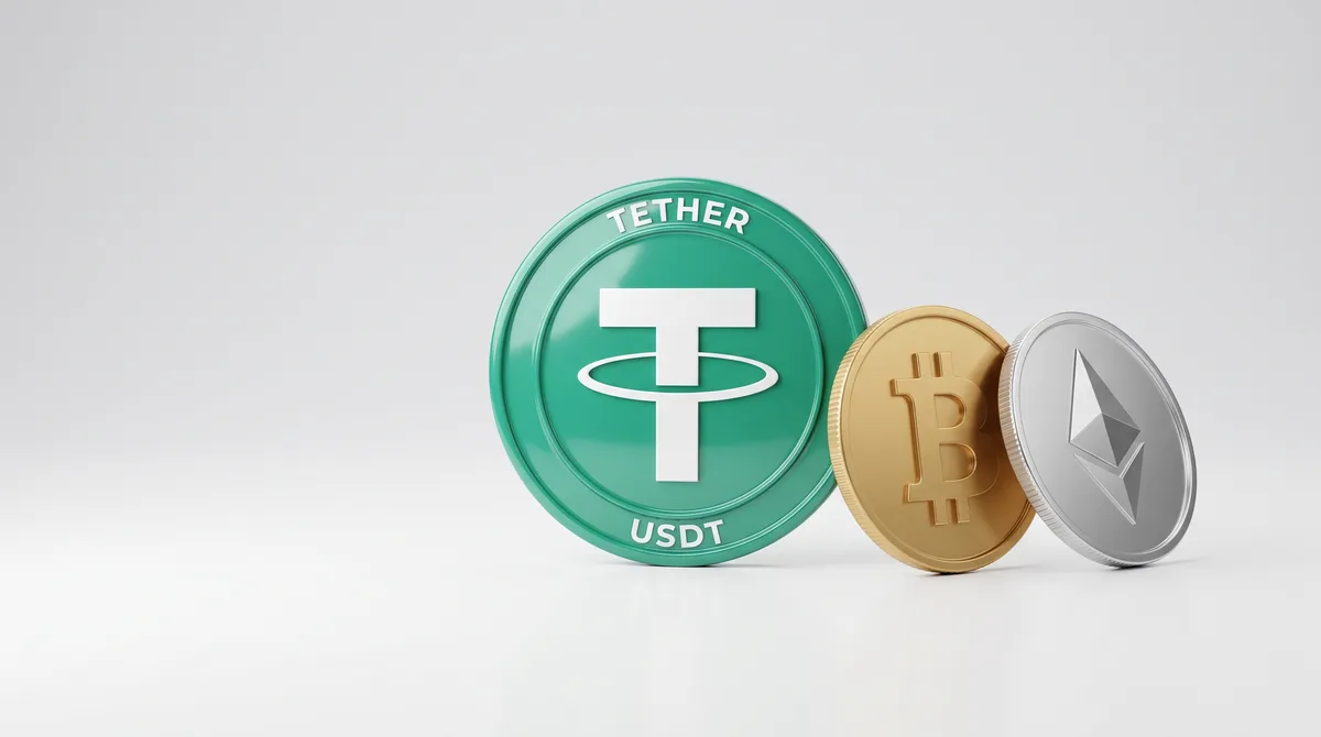 عملات USDT وبيتكوين وإيثريوم ثلاثية الأبعاد على خلفية فاتحة